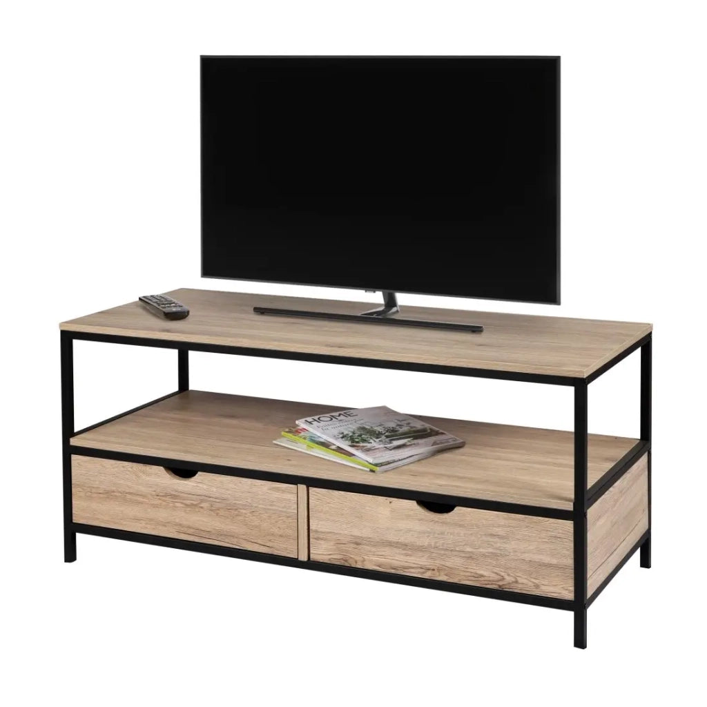 Mobile TV stile classico con 2 cassetti collezione RANONG - Colori rovere chiaro & nero, dimensioni 120x39xH57 cm