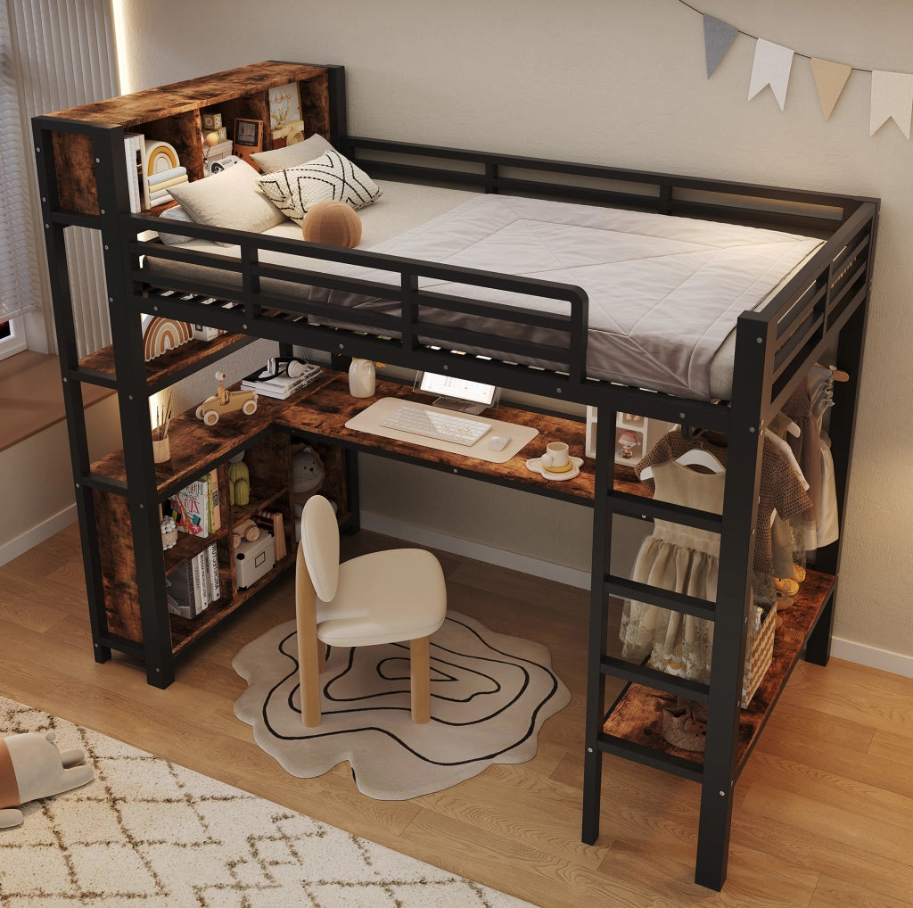 Letto a soppalco 90x200 cm in MDF e metallo nero con scrivania; appendiabiti e ripiani