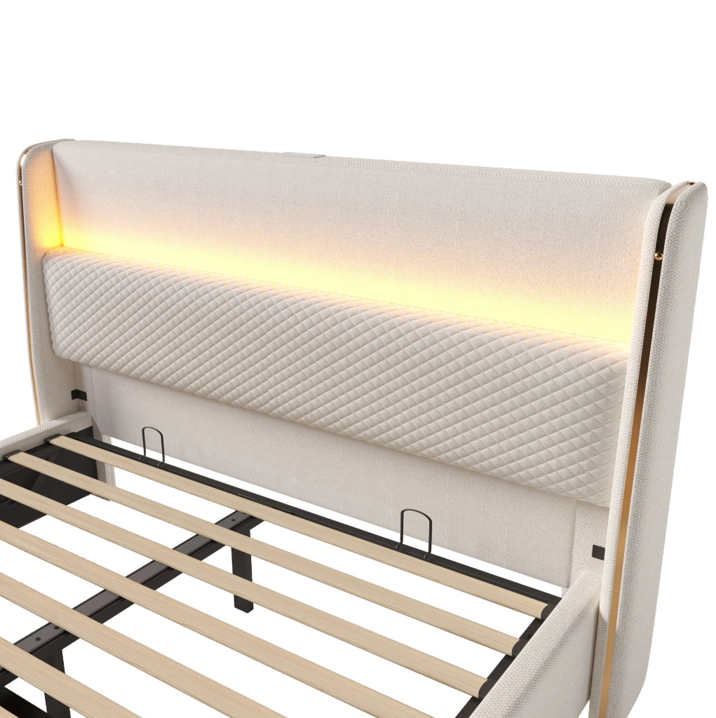Letto matrimoniale con testiera alta, LED, contenitore e ricarica USB e Type-C