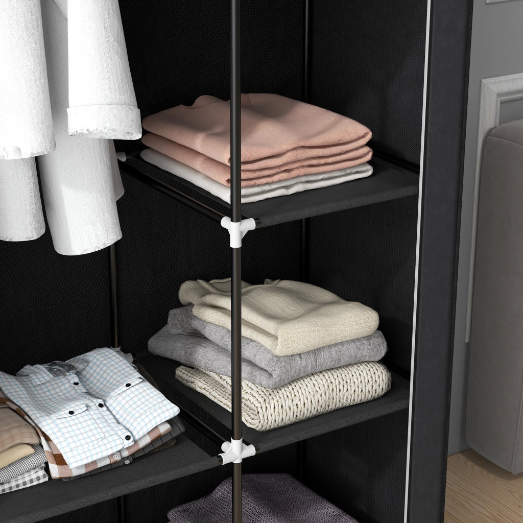 Armadio portatile in tessuto con 1 barra appendiabiti e 6 ripiani per camera da letto e lavanderia nero 103 × 43 × 162,5 cm