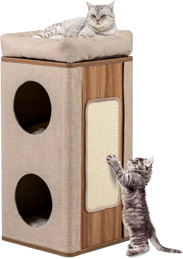 Casetta per Gatti a 3 Piani, Cuccia per Gatti con Tiragraffi, 2 Scomparti Coperti e 3 Materassini, Casa per Gatti Moderna con Graffiatoio da Interno (Grigio)