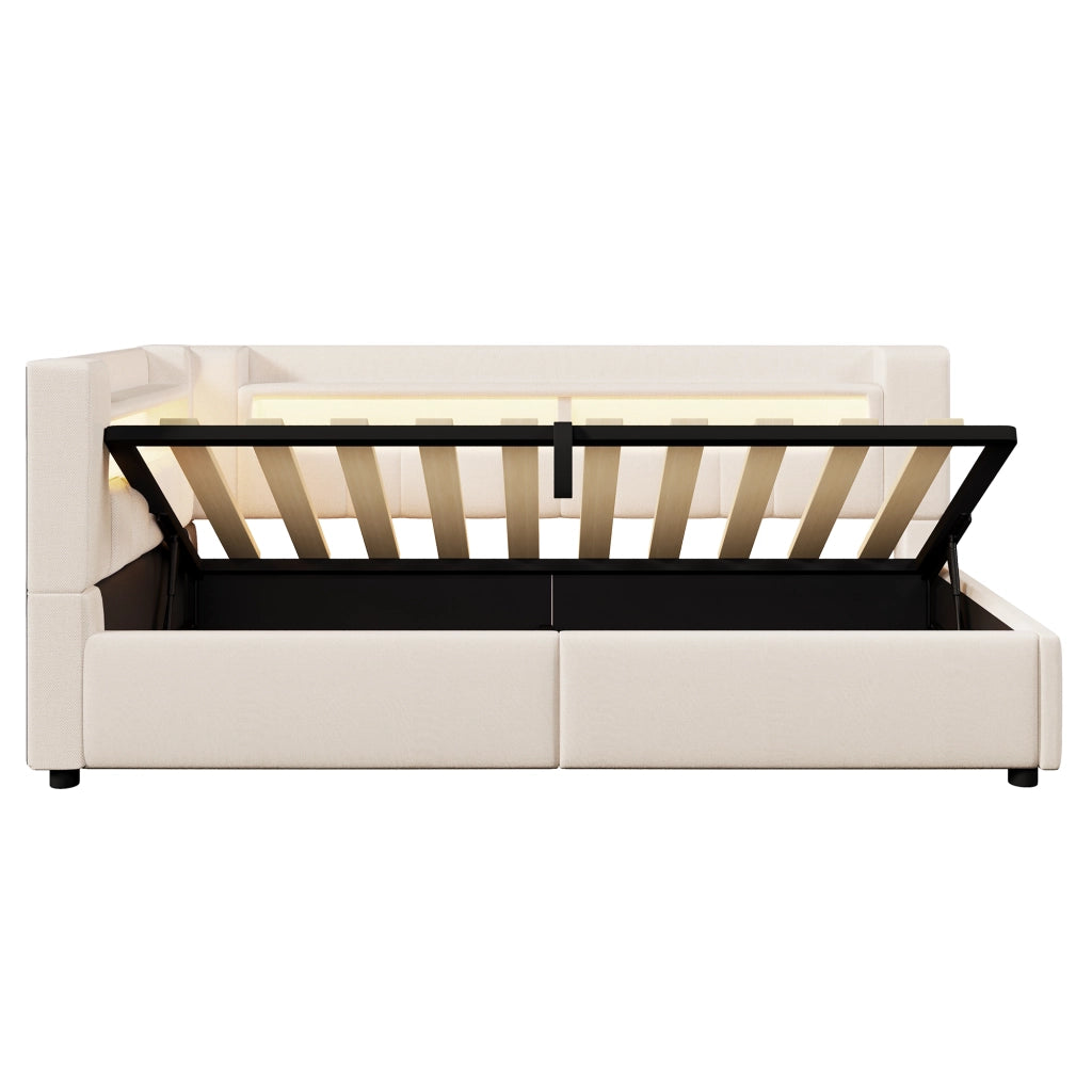 Letto divano contenitore 90x200 cm in lino beige con apertura idraulica; LED; USB e USB-C