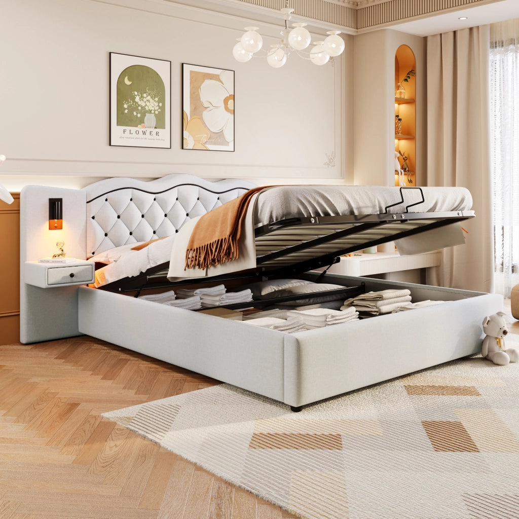 LETTO Imbottito 180x200 cm Beige in lino e MDF con testiera integrata
