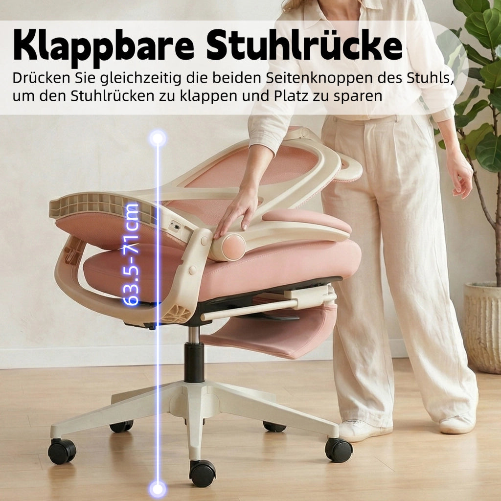 Sedia da ufficio ergonomica pieghevole con poggiatesta 3D e supporto lombare in mesh rosa 65 × 61 × 40.5 cm