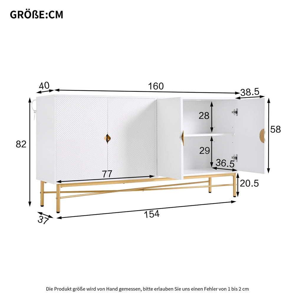 Credenza 4 Ante con Ripiani ¨C MINIMAL ¨C Bianco Lucido, Gambe Dorate, 160x40x82