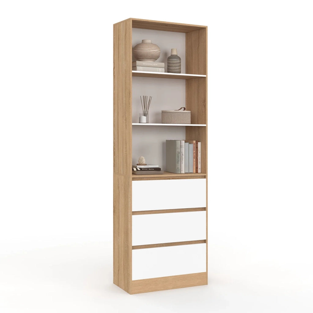 IDMarket - CARLA Libreria a 3 livelli con 3 cassetti bianchi ed effetto legno H.190 cm
