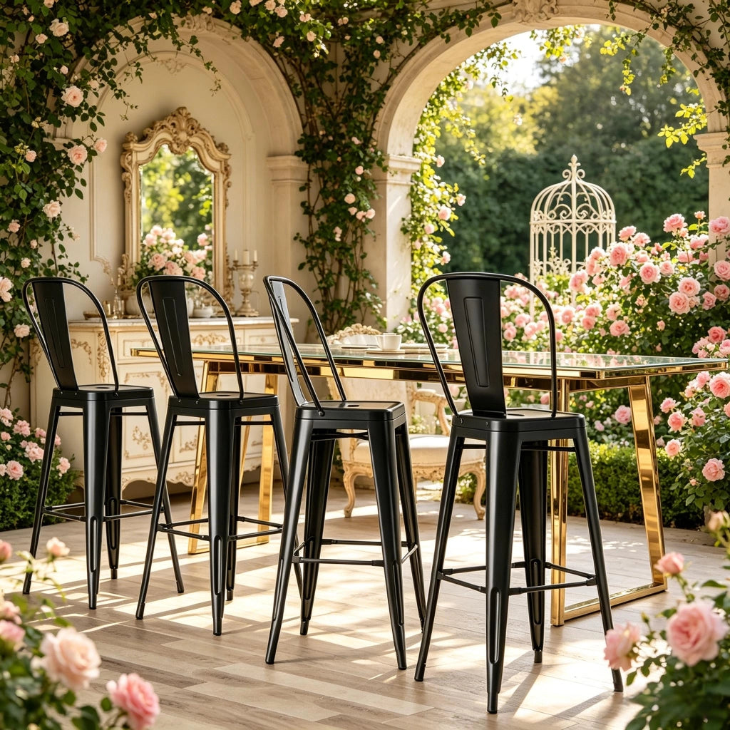 Sgabelli da bar impilabili, 4 pezzi in metallo nero con schienale rimovibile e poggiapiedi, 44 × 46 × 116 cm