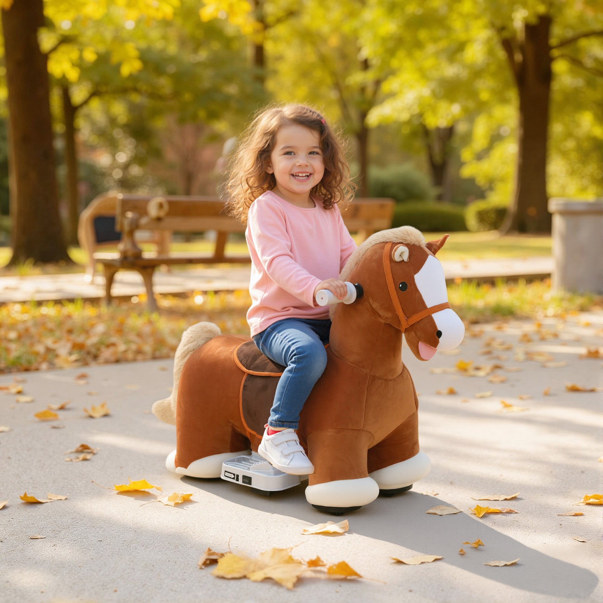 Cavallo Elettrico per Bambini 74x34x51 cm con Pedali Rotelle e Suoni in Peluche e Metallo Marrone