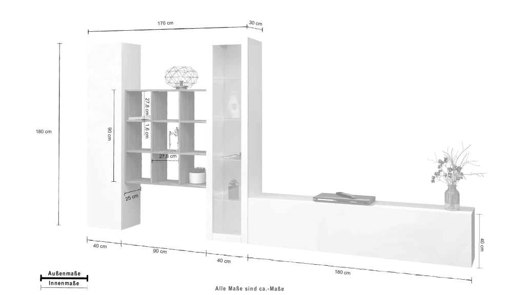 Parete attrezzata bianca mobile TV vetrina armadio libreria Ranil WH