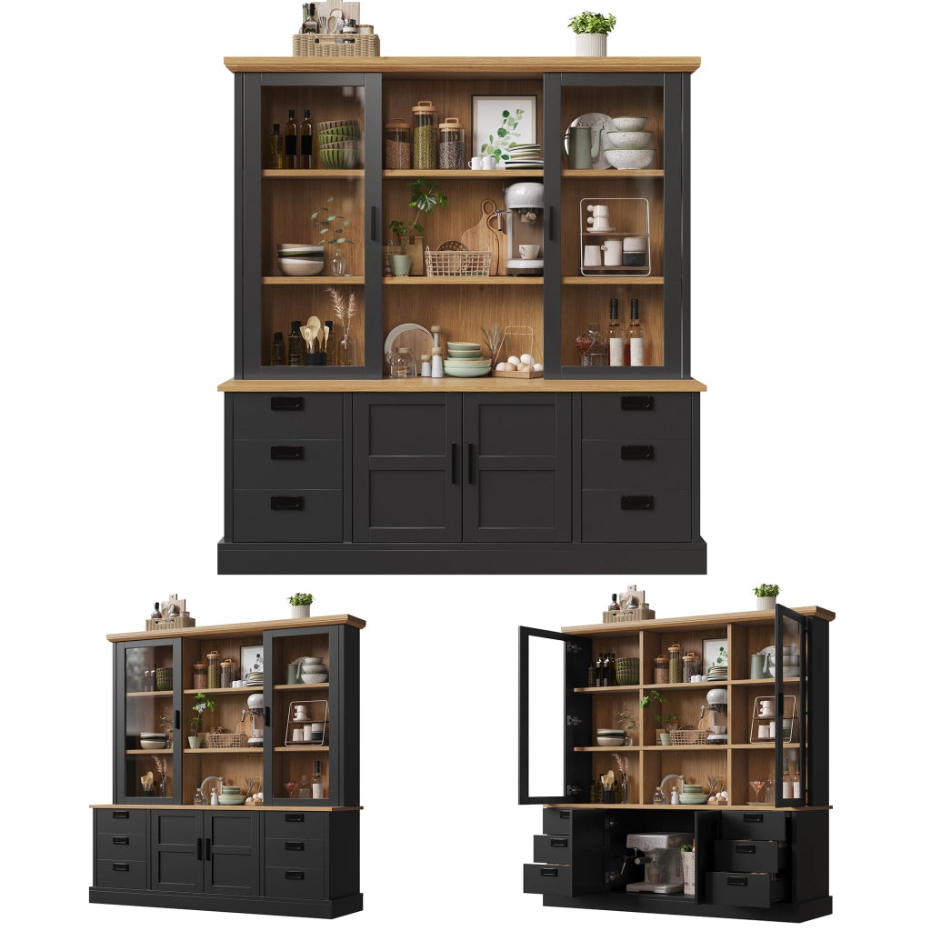 Dispensa alta con 6 cassetti, 6 vani e ante in vetro, per cucina e sala da pranzo, nero, 140 × 40 × 185 cm