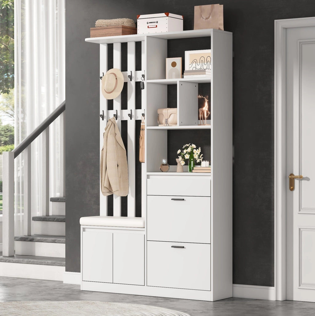 Garderoba da ingresso multifunzionale 120x30x200 cm in MDF bianco con panca e scarpiera