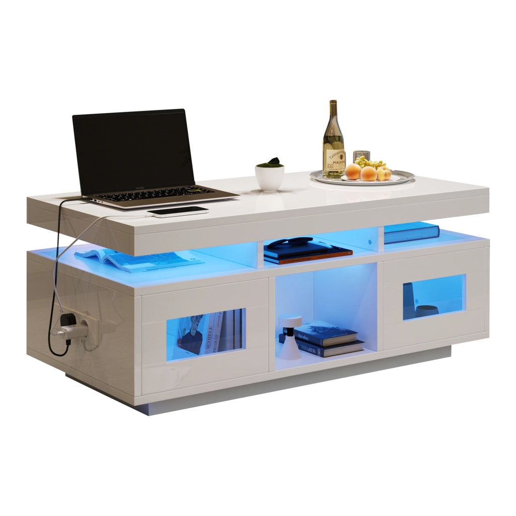 OKWISH Tavolino da Salotto con 2 Ante, 2 Vani e 1 Ripiano, LED e Presa USB, per Soggiorno, Bianco, 100 x 50 x 43 cm