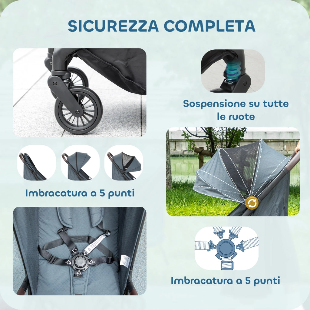 Passeggino per Bambini con Tettuccio Regolabile e Sacca Portaoggetti ¨C zephmum ¨C Blu e Nero 87x50x103 cm