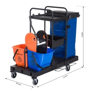 Carrello per pulizie professionale in metallo con 4 ruote, doppio ripiano, strizzatore removibile, 111x63,3x103 cm, nero