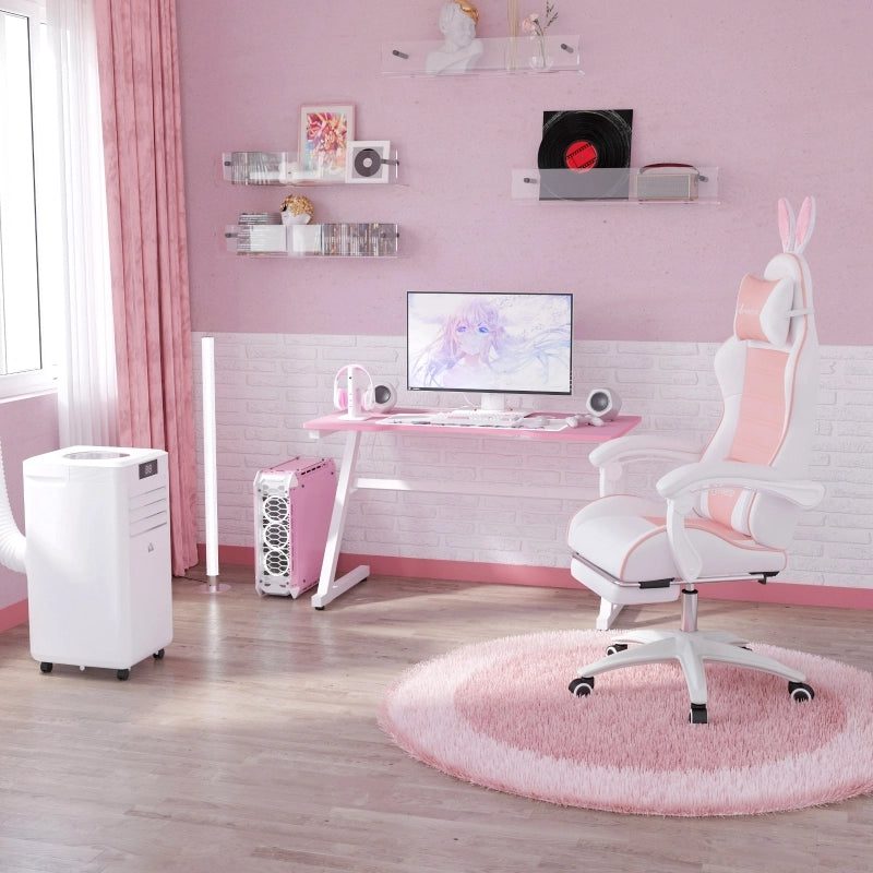 Chaise de bureau gaming ergonomica con poggiapiedi cuscini removibili e orecchie da coniglio in pelle sintetica rosa