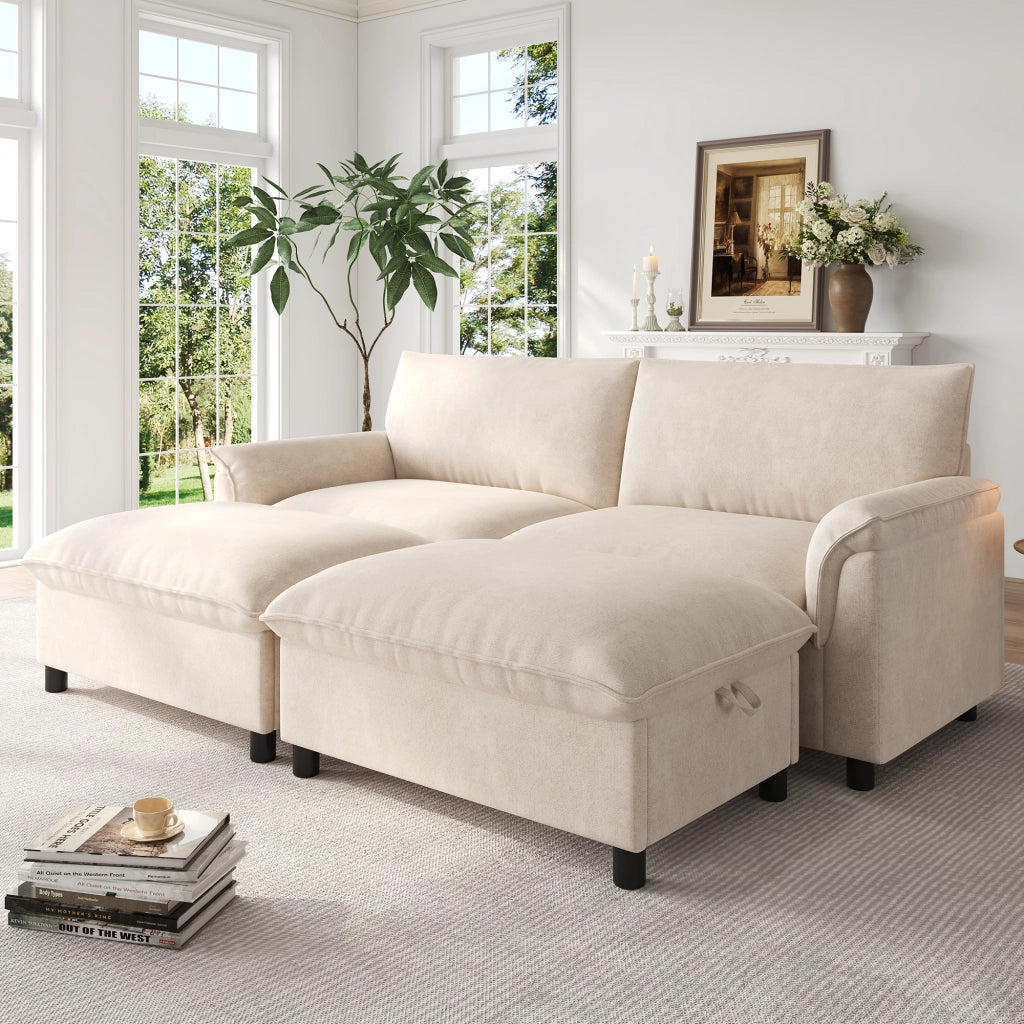 Divano letto angolare con pouf contenitore, seduta profonda, in Chenille Beige 216 × 77 × 82 cm