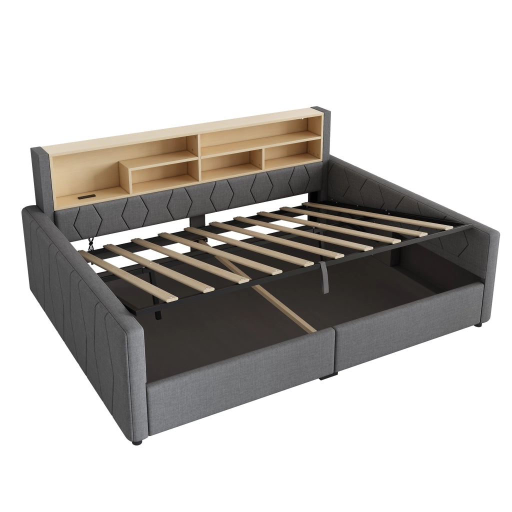 Letto contenitore 140x200 in lino grigio con luce LED regolabile