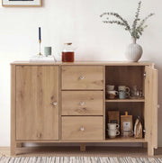 Credenza moderna con 3 cassetti e 2 ante 120 x 40 x 80 cm; effetto rovere; maniglie in metallo
