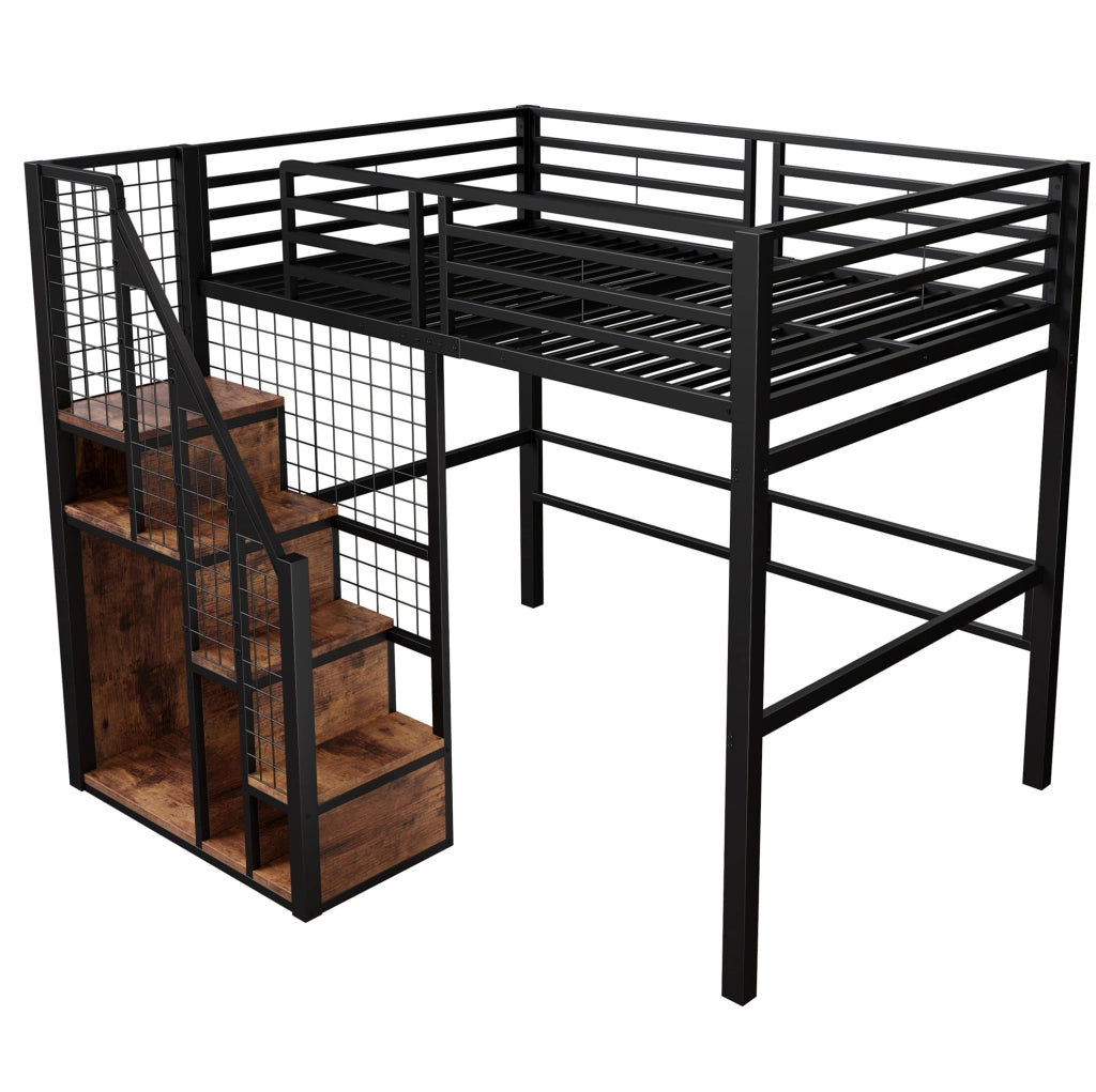 Letto a soppalco 140x200 cm in metallo nero con scala; zona appendiabiti e spazio sottostante