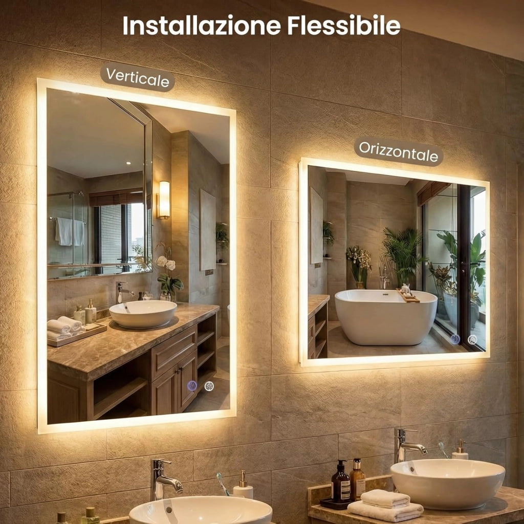 Specchio da Bagno LED 80 x 60 cm, Specchio da Parete Rettangolare con Anti-appannamento, Memoria, 3 Colori di Luce, Dimmerazione Continua e Vetro Temperato Infrangibile (80 x 60 x 3 cm)