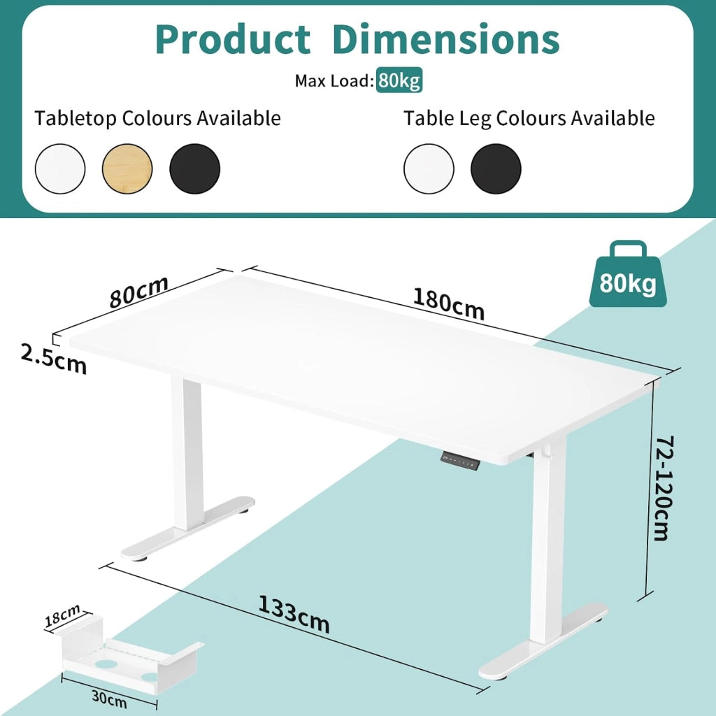 180 x 80 cm Scrivania Regolabile In Altezza,Scrivania Elettrica con Desktop Completo,Altezza Regolabile 73-119 cm,Scrivania per Ufficio con 4 Altezze di Memoria,Porta di Ricarica USB(Bianca)
