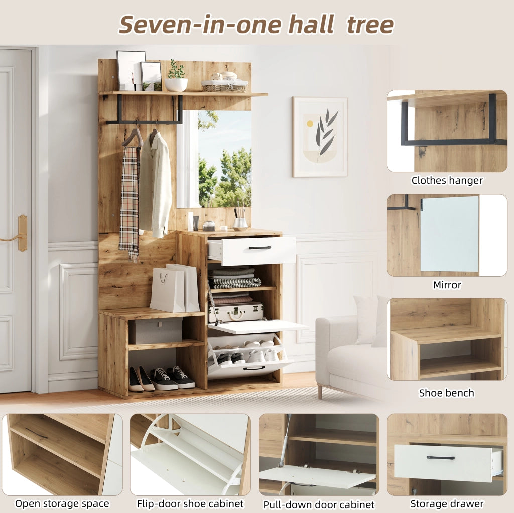 Mobile ingresso multifunzionale 100 x 38;5 x 190 cm con specchio; cassetto e scarpiera; bianco e naturale