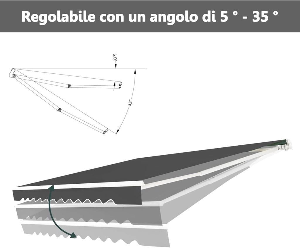 Tenda da Sole per Esterno Avvolgibile 3,6 x 3 M, Tenda da Sole a Bracci Estensibili con Telaio in Alluminio, Tettuccio Resistente al Sole e Impermeabile e Manovella (3,6 x 3 M, Grigio)