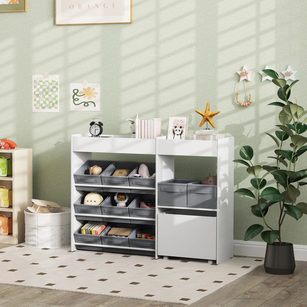 Mobile Portagiochi per Bambini con 11 Cestini in Tessuto, Armadietto e Ripiani, 105x30x80 cm, Bianco