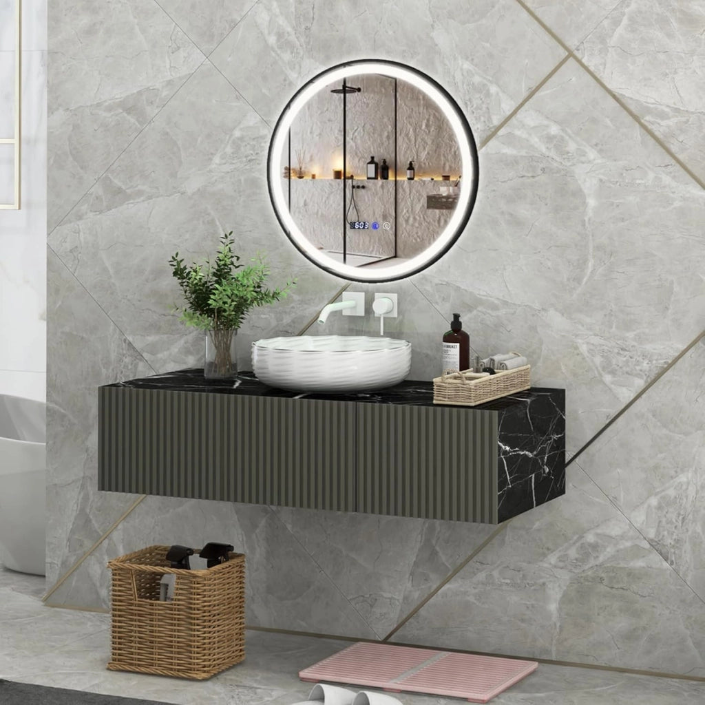Specchio da Bagno a LED 60x60cm Rotondo, Specchio a Parete con Luce a 3 Colori, 3000-6500K, Dimmerabile, Funzione Anti-appannamento e Memoria, Lettura di Tempo e Temperatura e Antideflagrante