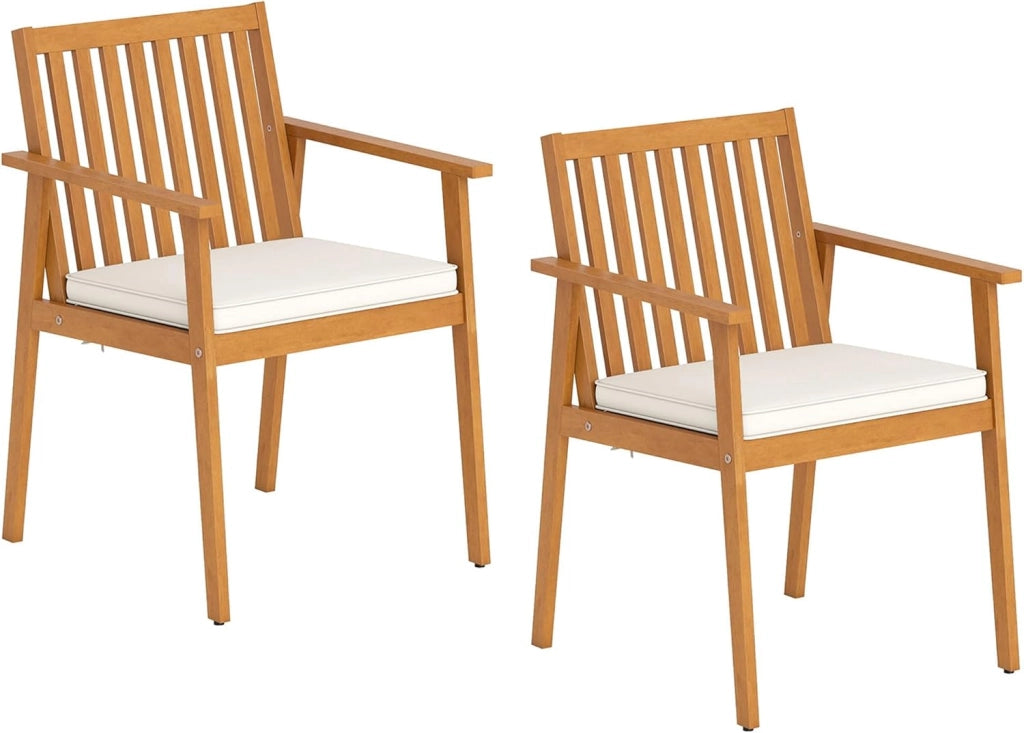 Set di 2 Sedie da Giardino Ergonomiche con Cuscino Rimovibile, Sedie da Pranzo con Braccioli, Poltrona in Legno di Acacia da Terrazza, Balcone, Cortile, Portata 180kg (Naturale)