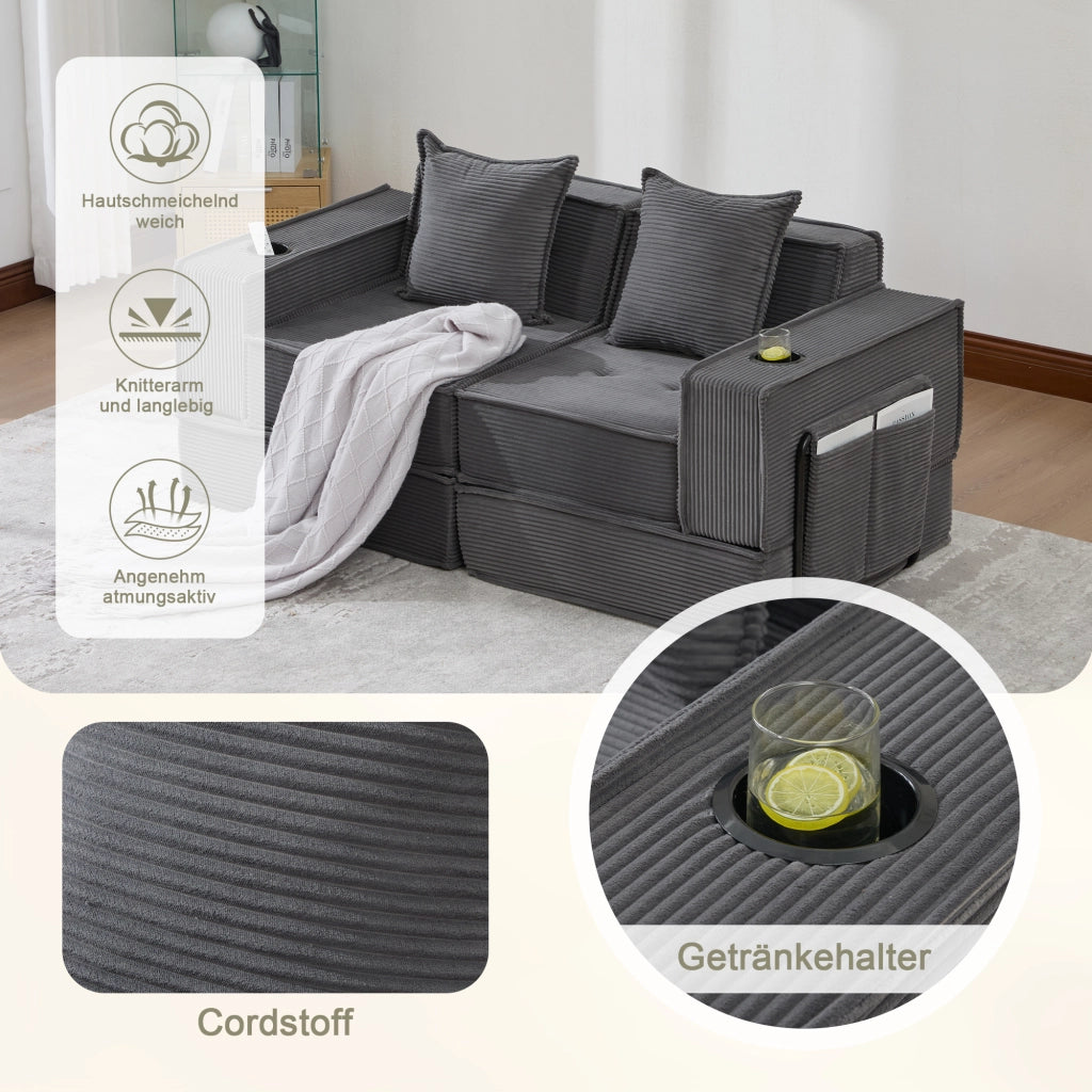 Fauteuil pouf modulare con tasche laterali e cuscini, seduta ergonomica per relax in velluto a coste grigio scuro