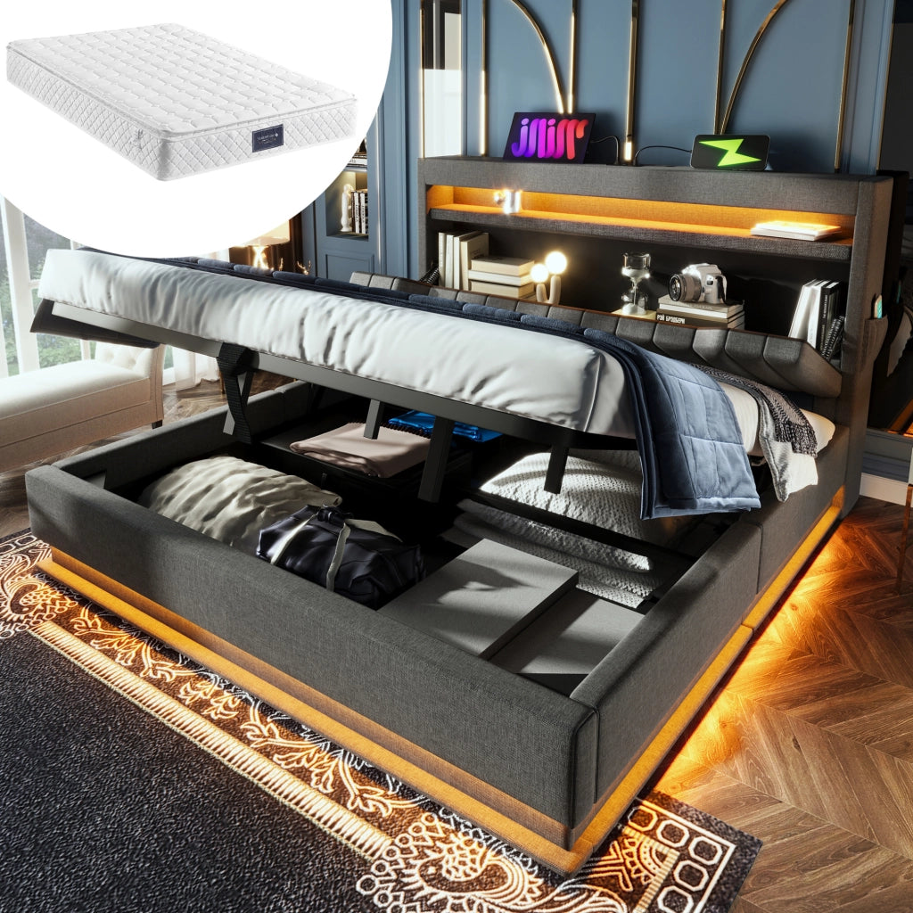 Letto matrimoniale imbottito 140x200 con contenitore; testiera USB e Type-C; LED; lino grigio