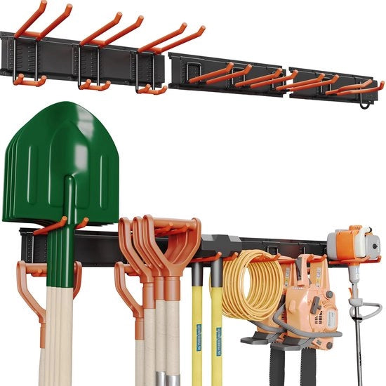 Werkzeughalter per Fissaggio alla Parete, Capacità di Carico 336 kg, 3 Pannelli per Rail, Scivoli per Parete con 8 Ganci Regolabili, Ospedaliera per Assegni, Conservazione degli Attrezzi per Giardino, Stabile e Resistentente alla Ruggine, Colore Arancione