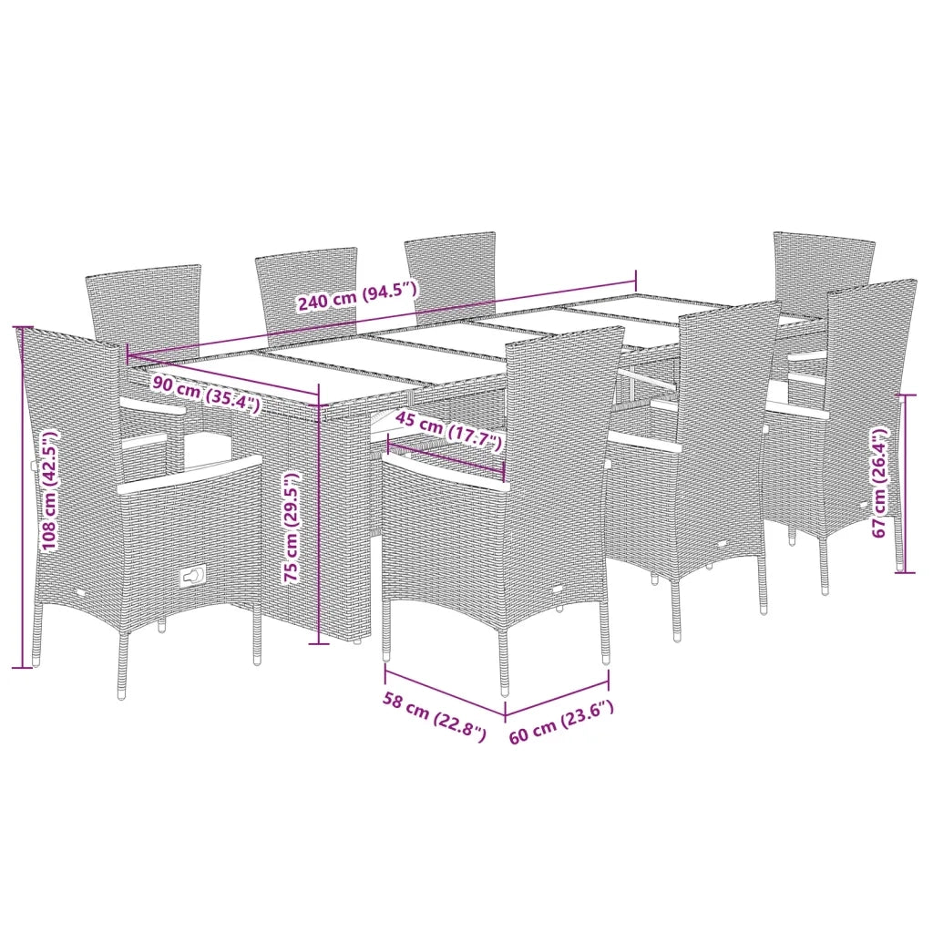 Set da Pranzo da Giardino 9 pz con Cuscini in Polyrattan Grigio 3277553