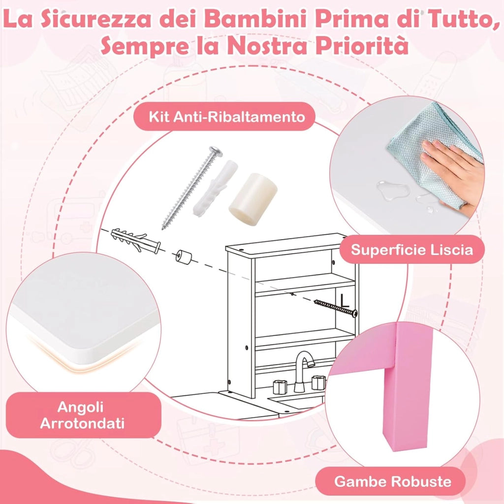 Kit Medico Giocattolo in Legno, Centro Veterinario Pieghevole con Bilancia Animali e 22 Accessori, Gioco Educativo Simulazione Dottore, Regalo per Bambini 3-6 Anni (Rosa)