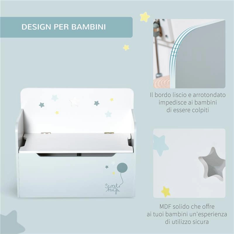 PANCA CONTENITORE CON SCHIENALE IN LEGNO PER BAMBINI DA 3-6 ANNI 60X30X50 CM AZZURRO