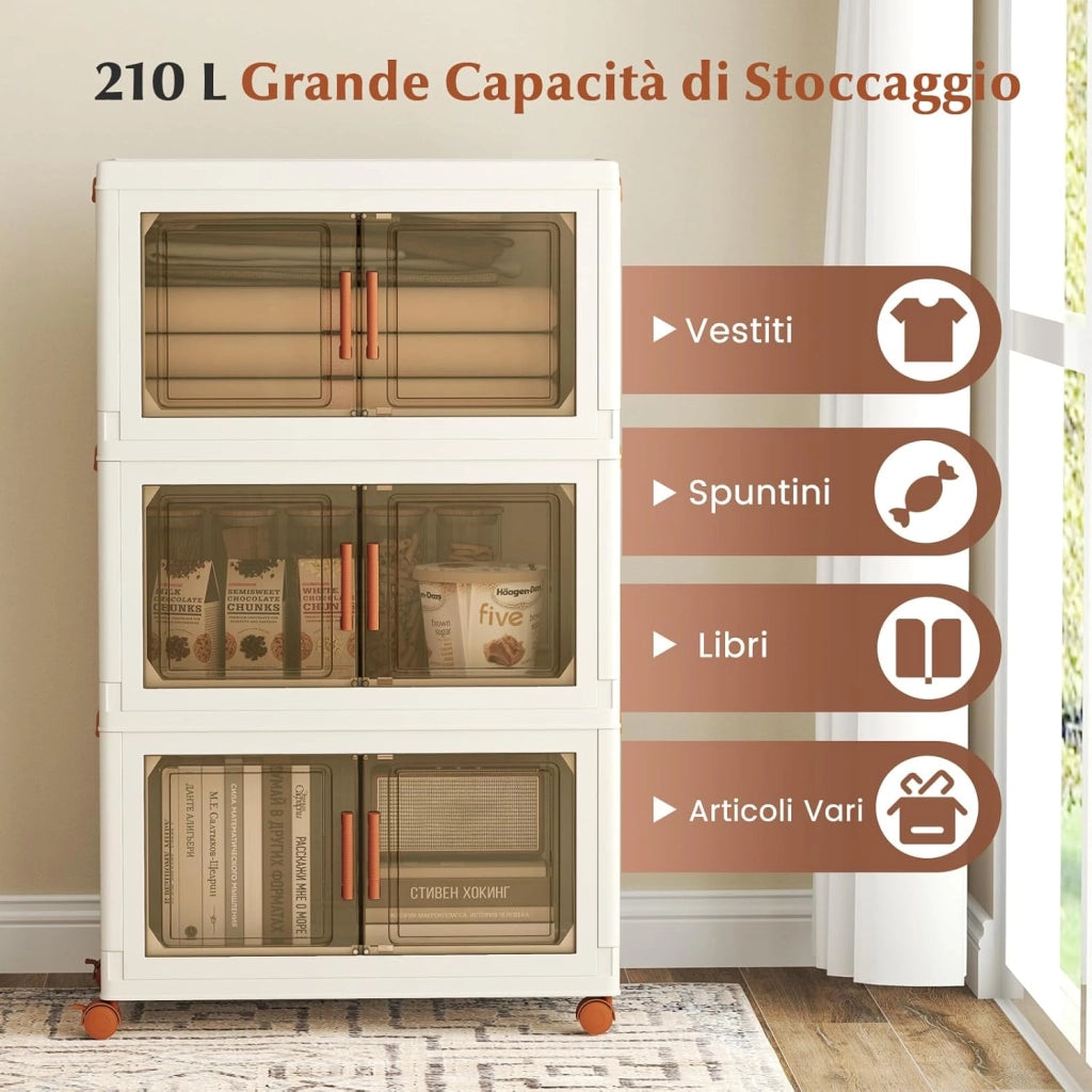 Contenitori Pieghevoli con Coperchio, Set da 4/3 Scatole di Plastica Impilabili con Ruote, per Organizzatore di Armadio con Porte a Apertura Frontale, Multiuso (68,5 x 37,5 x 107 cm)