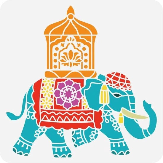 Stampo di Elefante da Dipingere 30x30cm - Tema Decorativo di Elefante per Dipinti - Grande Disegno di Elefante Tema India - Modello per Decorazione di Muro Mobili in Legno DIY Casa