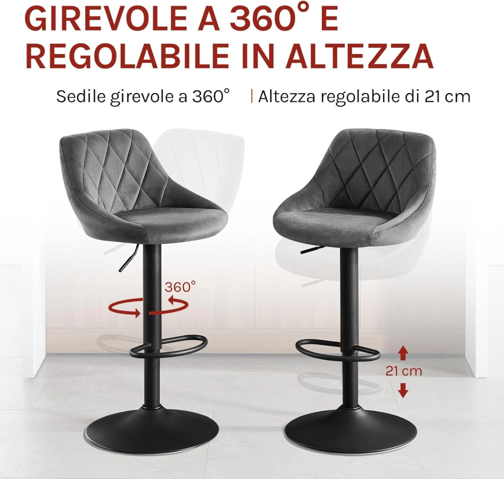 Sgabello da Bar Moderno Girevole Sedia Cucina Alta con Schienale Quadrato Poggiapiedi Senza Braccioli Altezza Regolabile in Velluto Grigio Scuro 1 Pezzo