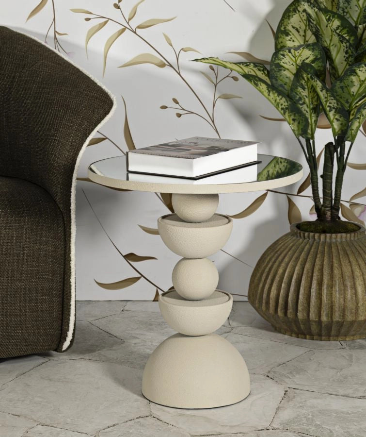 Tavolinetto Dune con Specchio Ø45x49,5 cm in Ferro e Specchio Crema