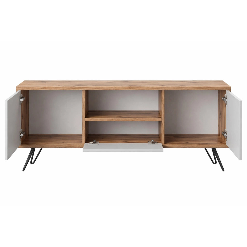 Mobile TV Con 2 Ante Battenti Anta A Ribalta E Vano A Giorno Mobiletto Design Minimal Moderno Per Soggiorno Salotto Zona Living Sala Da Pranzo 137 X 52 X 33 Cm Rovere E Bianco
