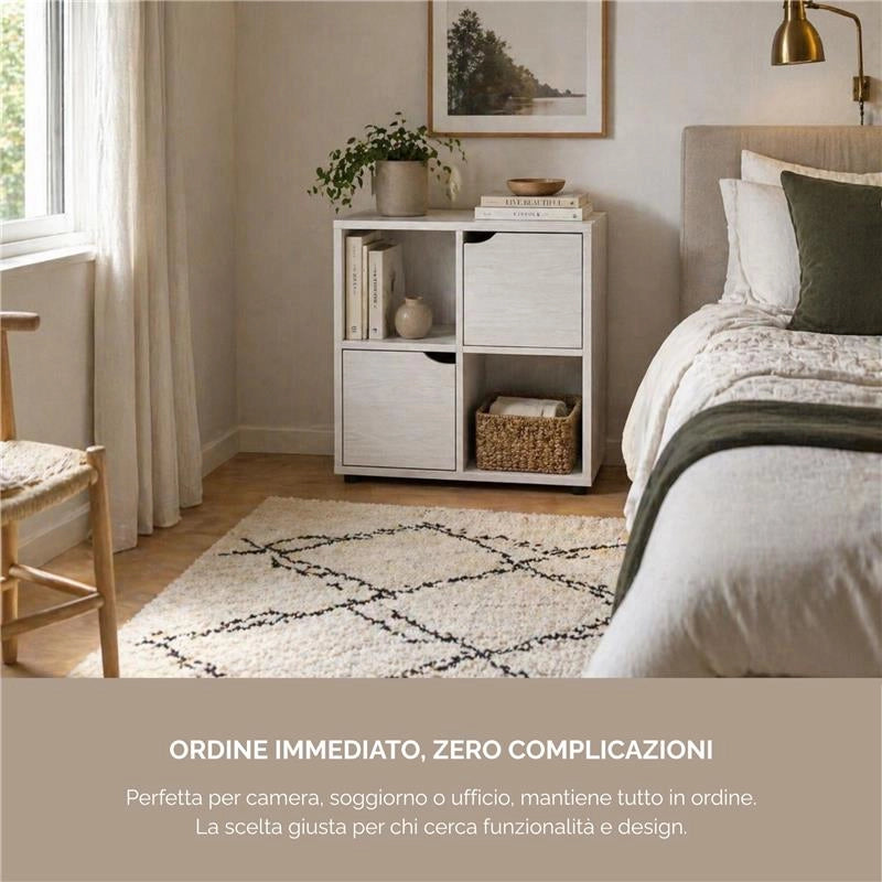 LIBRERIA CUBICA IN LEGNO BIANCO MODERNA CON 4 RIPIANI 2 CON ANTE DIMENSIONI 60X30X63 CM