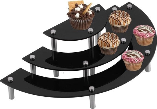 Triplo Nivello Stand a Cielo Aperto Nero per Torta e Dessert in Vetro Acrillo - Stand per Decorazione di Festa - Forma a Mezzaluna per Gioielli di Cucina.