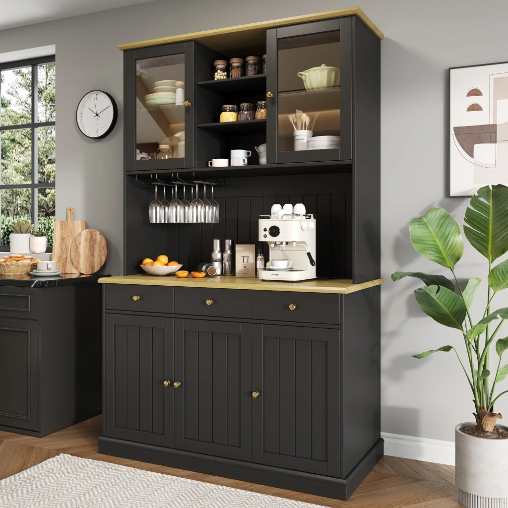 Credenza Alta da Cucina con Vetrina; 1 Cassetto; Portabicchieri; 2 Prese e USB-A USB-C; in MDF; Nero; 120 x 40 x 191 cm