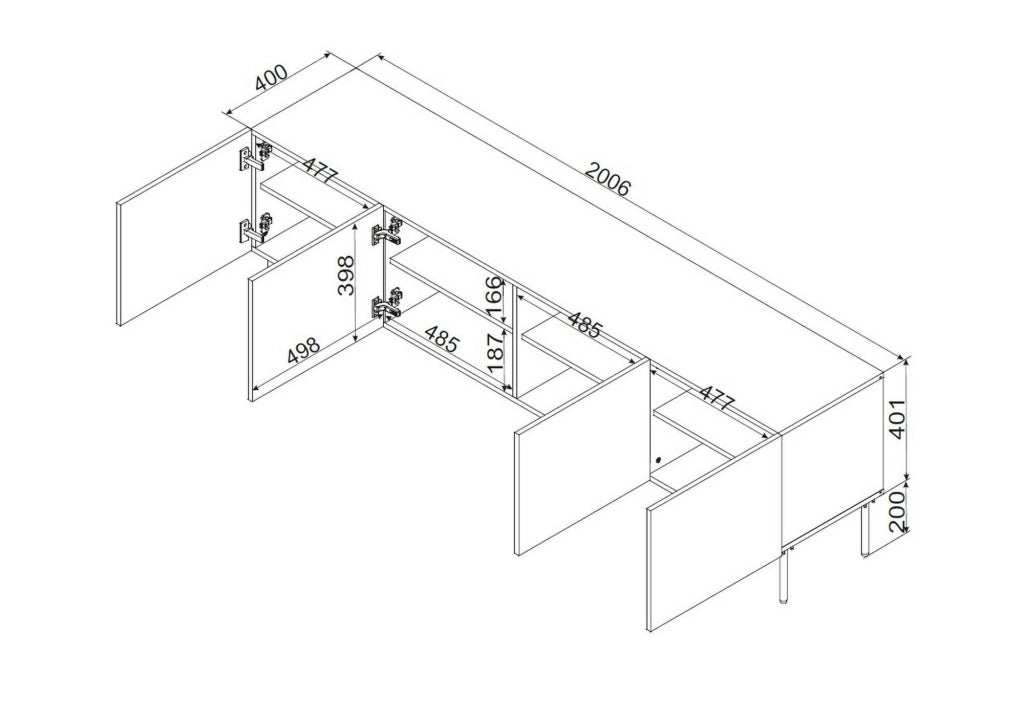 Mobile porta TV Piode, Madia da salotto con quattro ante battenti, Rialzato da terra, 201x40 h60 cm, Nero