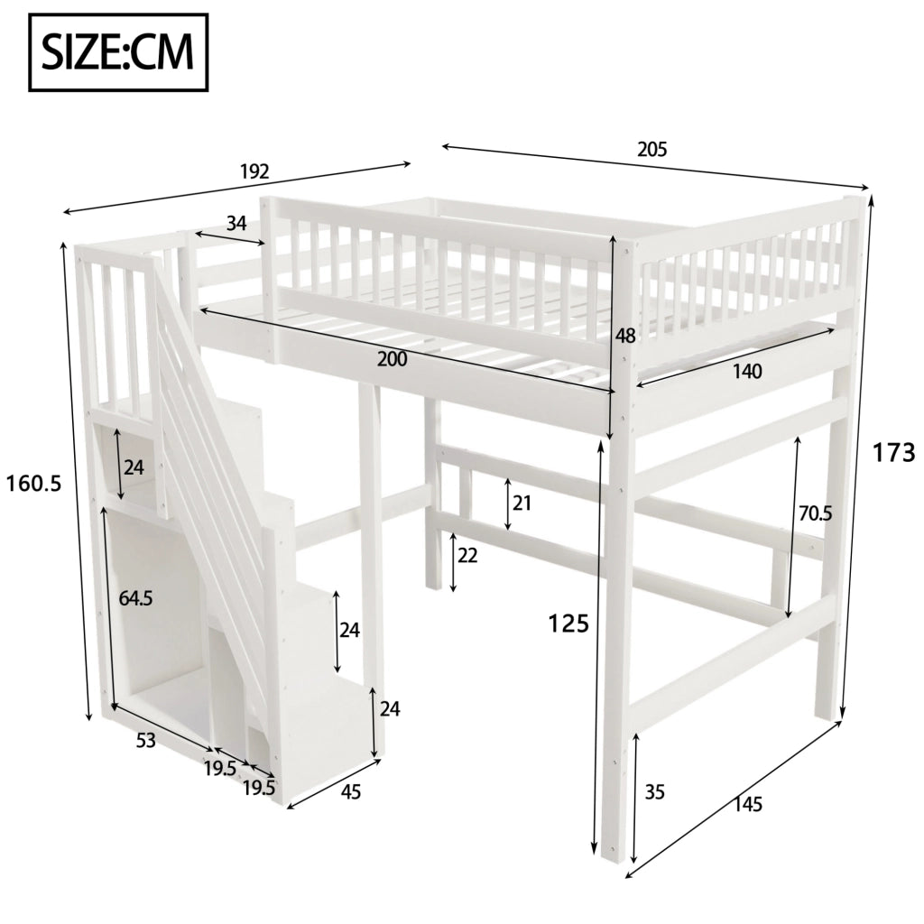 LETTO a soppalco 140x200 cm con scala contenitore, bianco, per bambini e ragazzi