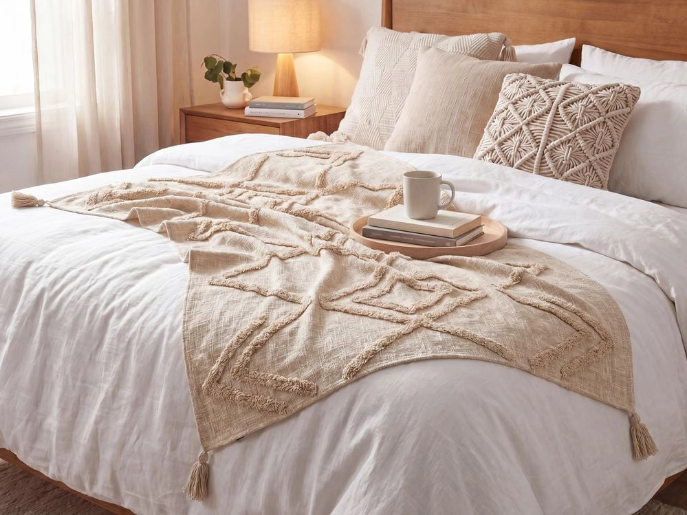 Coperta beige cotone 130 x 180 cm motivo geometri copriletto accogliente accessorio
