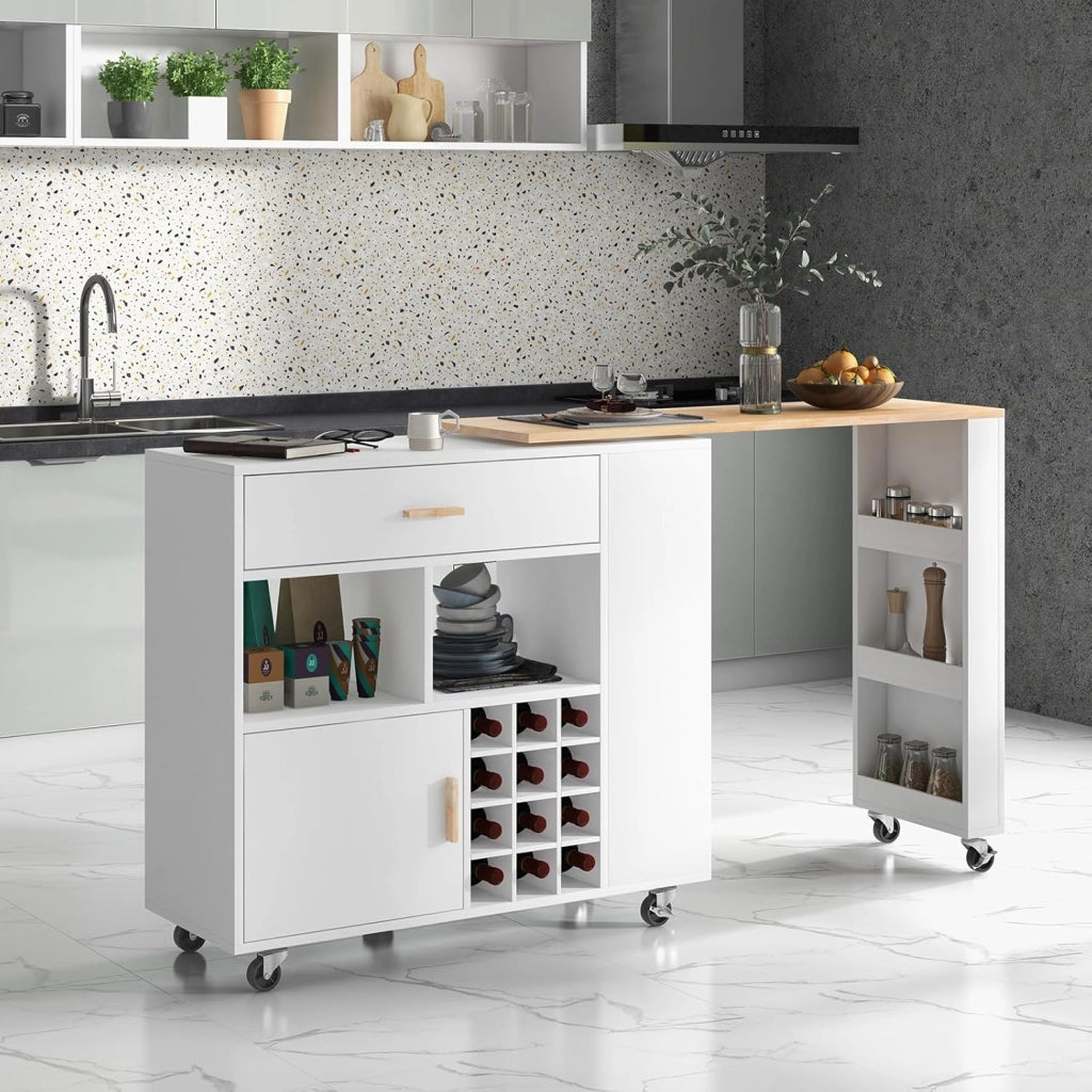 Carrello da cucina 2 in 1 con forma convertibile, isola di cucina, con ruote e spazio di archiviazione, cassetto, portabottiglie e ripiano regolabile, mobile per sala da pranzo (bianco)