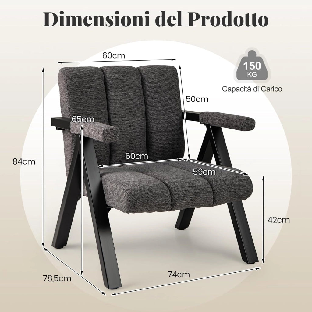 Poltrona da Salotto, Sedia Ergonomica con Struttura in Metallo, Braccioli e 4 Piedini Regolabili, Sofa Imbottita Relax Moderna per Soggiorno e Camera da Letto, Portata 150 kg (Grigio)