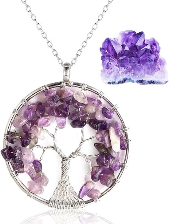 Cintura per donna con cristalli e pietre terapeutiche - Filo naturale di pietra lunare - Rosso quartzo - Ametista - Carneol - Jade - Hanger di albero della vita - 50 cm